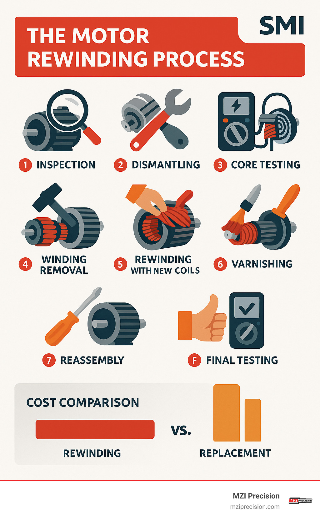 Infographic showing the motor rewinding process: inspection, dismantling, core testing, winding removal, rewinding with new coils, varnishing, reassembly, and final testing with comparison of costs between rewinding vs. replacement - motor rewind specialists infographic