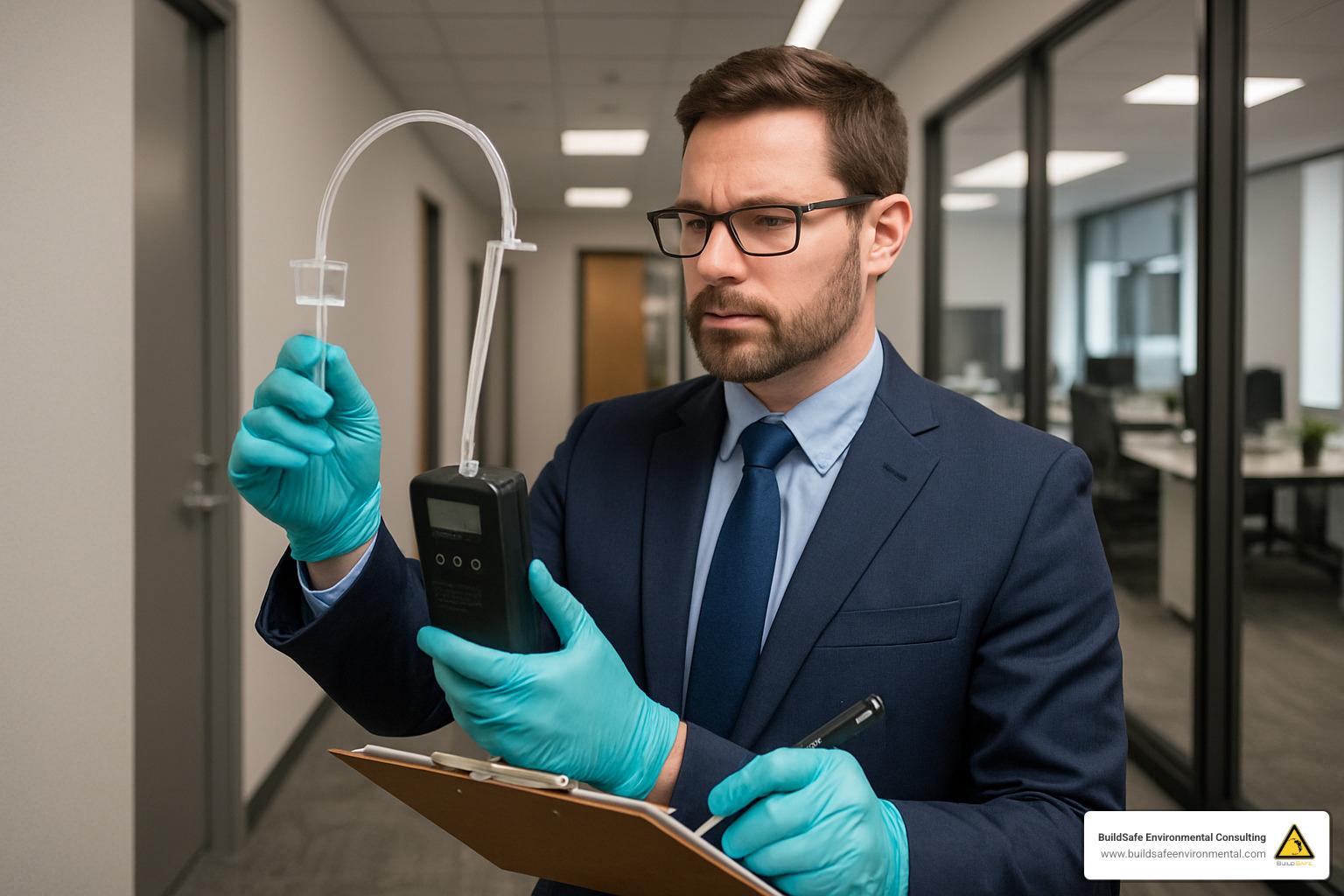 inspector collecting air sample with air cassette - mold abatement company