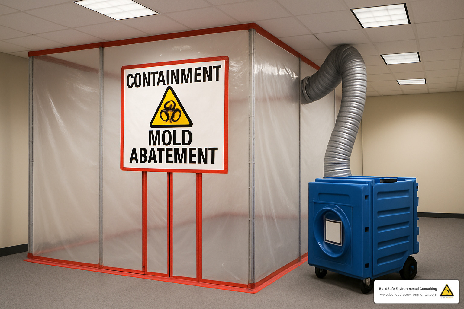 containment zone with plastic sheeting and negative air machine - mold abatement company