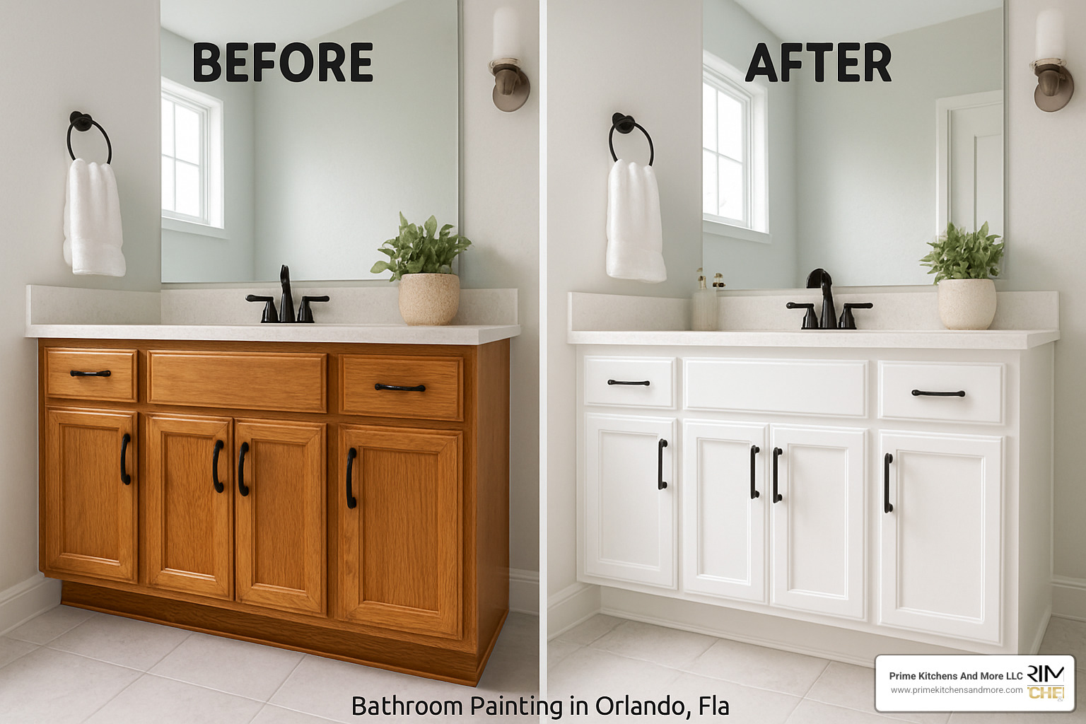 Before and after photos of a bathroom cabinet painting project in Orlando - bathroom cabinet painting orlando