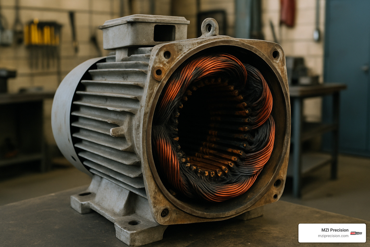 Industrial motor showing signs of winding failure with burnt coils - motor rewind specialists