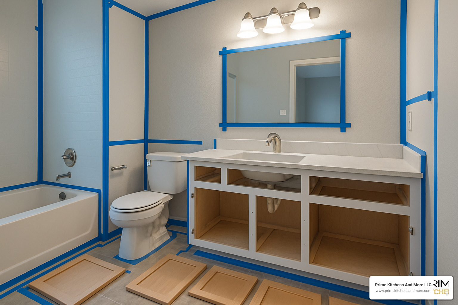 Bathroom with taped-off areas and cabinet doors removed during painting preparation - bathroom cabinet painting orlando