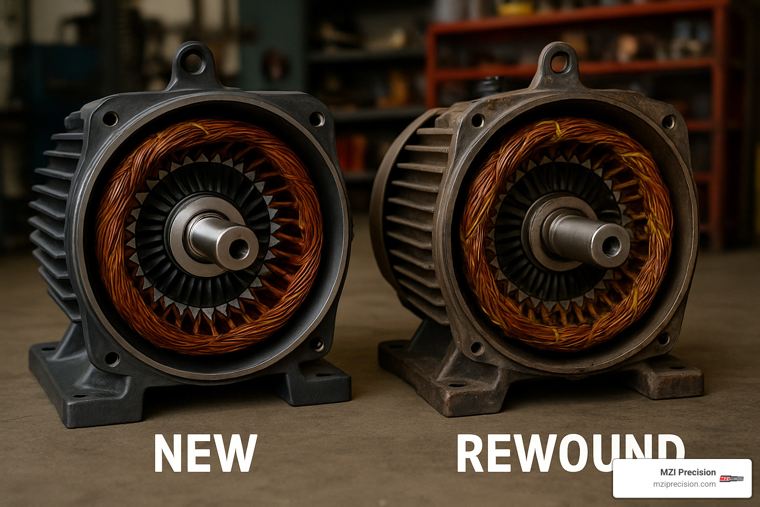 Comparison of new motor versus rewound motor showing internal components - motor rewind specialists