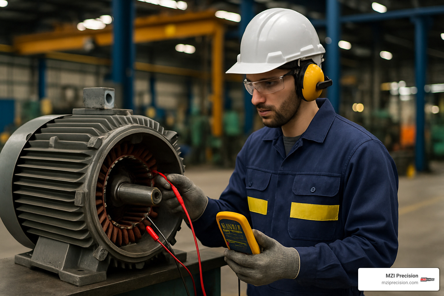 Industrial technician performing final testing on a rewound electric motor - motor rewind specialists