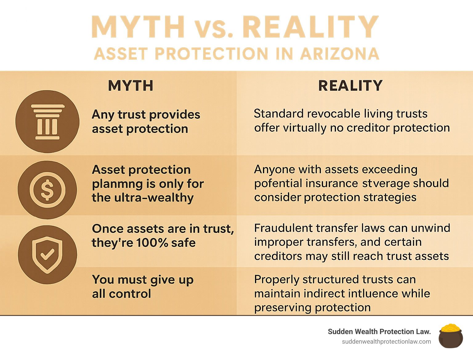 Myth vs Reality: Asset Protection in Arizona showing common misconceptions and the legal truth - Arizona trust asset protection infographic