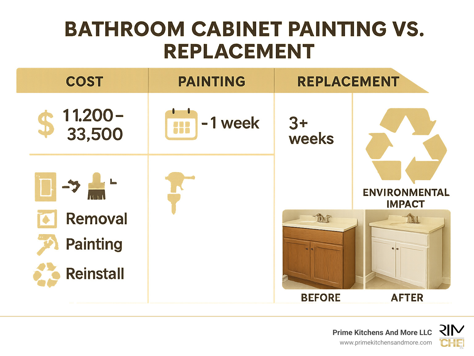 Comparison of bathroom cabinet painting vs replacement showing cost differences, timeline, process steps, environmental impact, and before/after visual examples - bathroom cabinet painting orlando infographic 