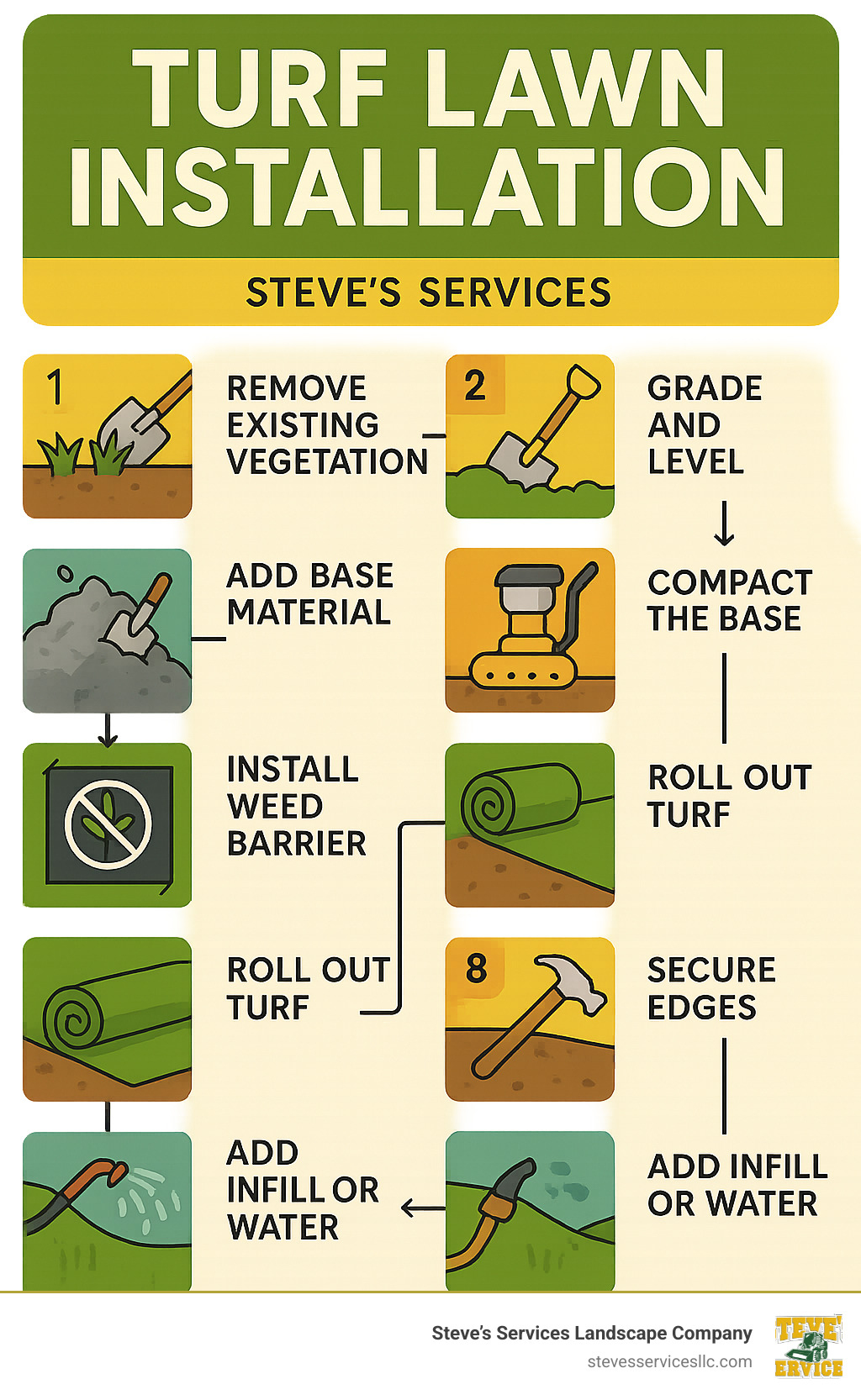 Detailed flowchart showing the 9-step process of turf lawn installation, including site preparation, base installation, turf laying, securing, and finishing touches for both natural and artificial turf options - turf lawn installation infographic 
