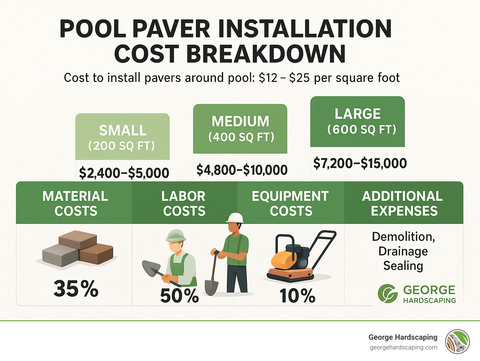 Detailed infographic showing pool paver installation cost breakdown with material costs, labor costs, equipment costs, and additional expenses like demolition, drainage, and sealing for different sized pool decks - cost to install pavers around pool infographic 