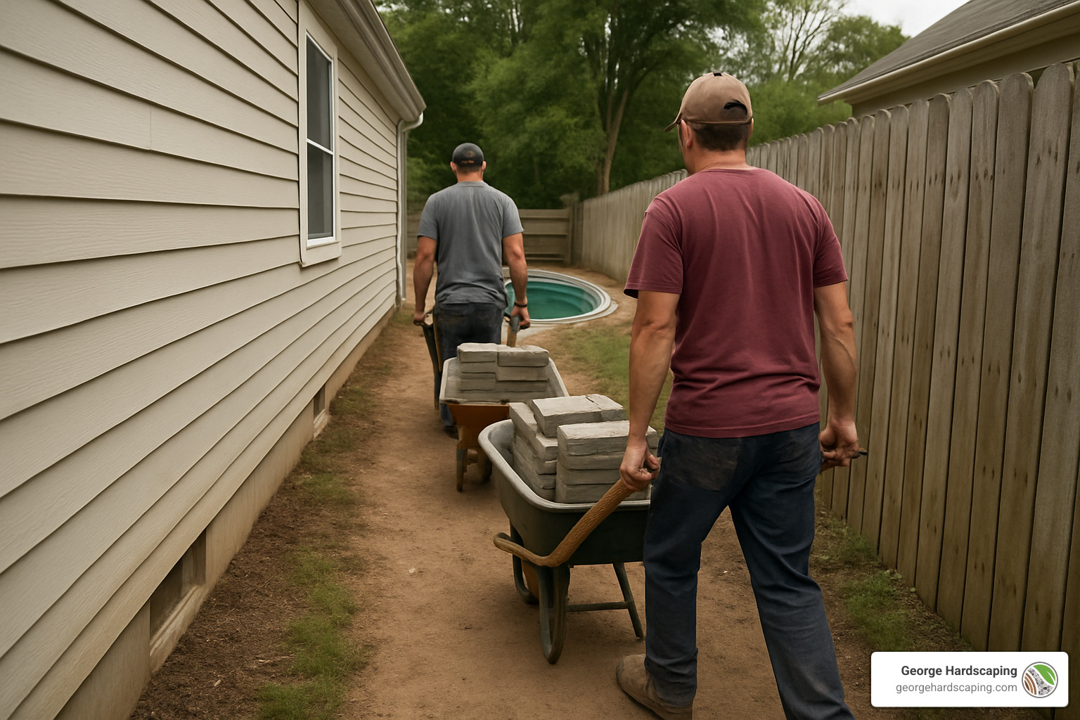 workers carrying pavers in wheelbarrows due to limited site access - cost to install pavers around pool