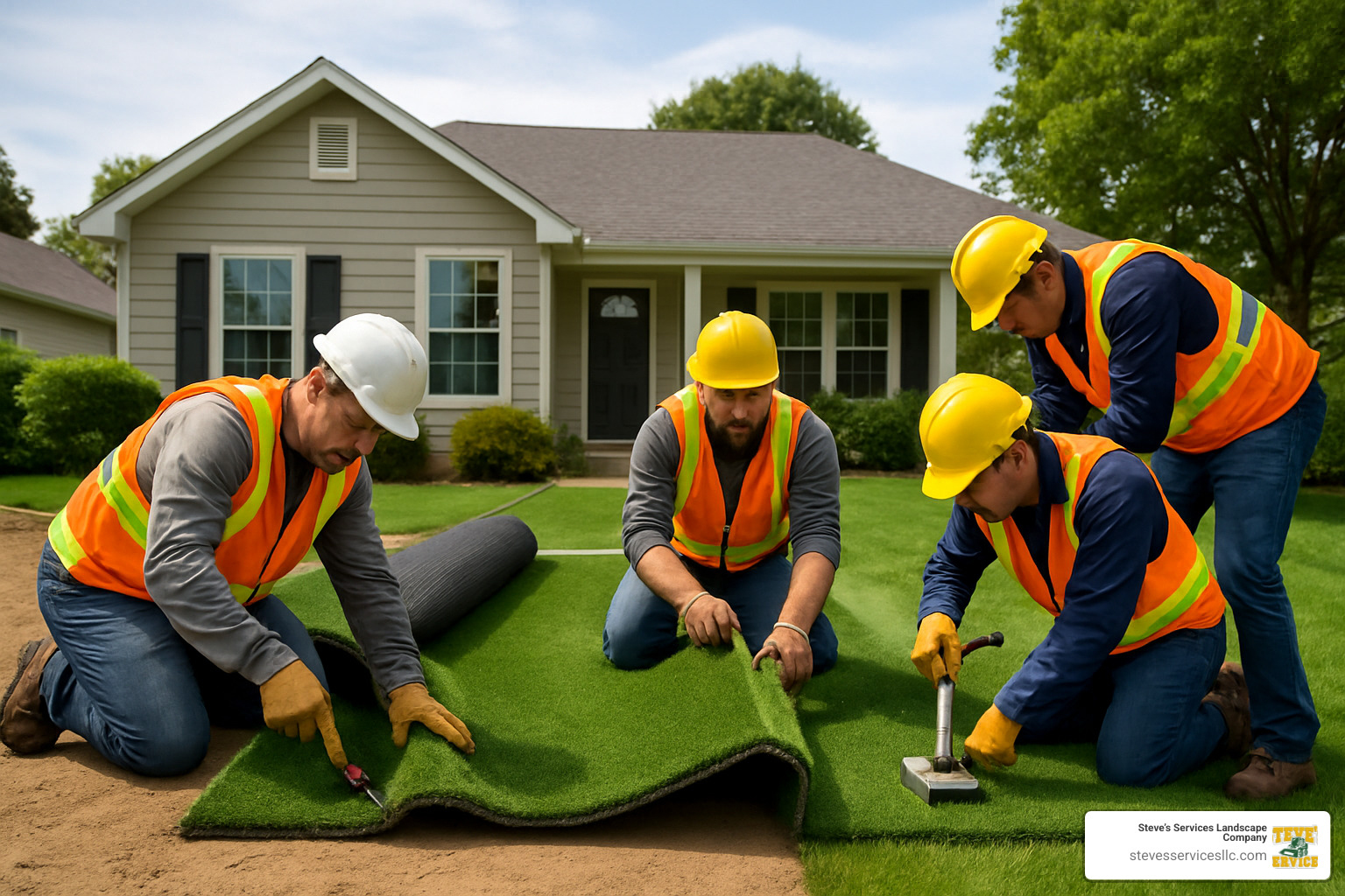 professional turf installation team at work - turf lawn installation