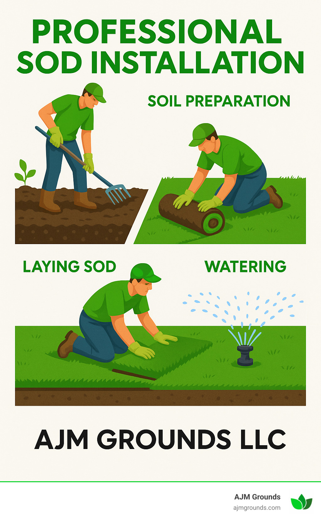 Professional sod installation process showing proper soil preparation, laying techniques, and watering schedule for successful establishment - professional sod installation infographic 