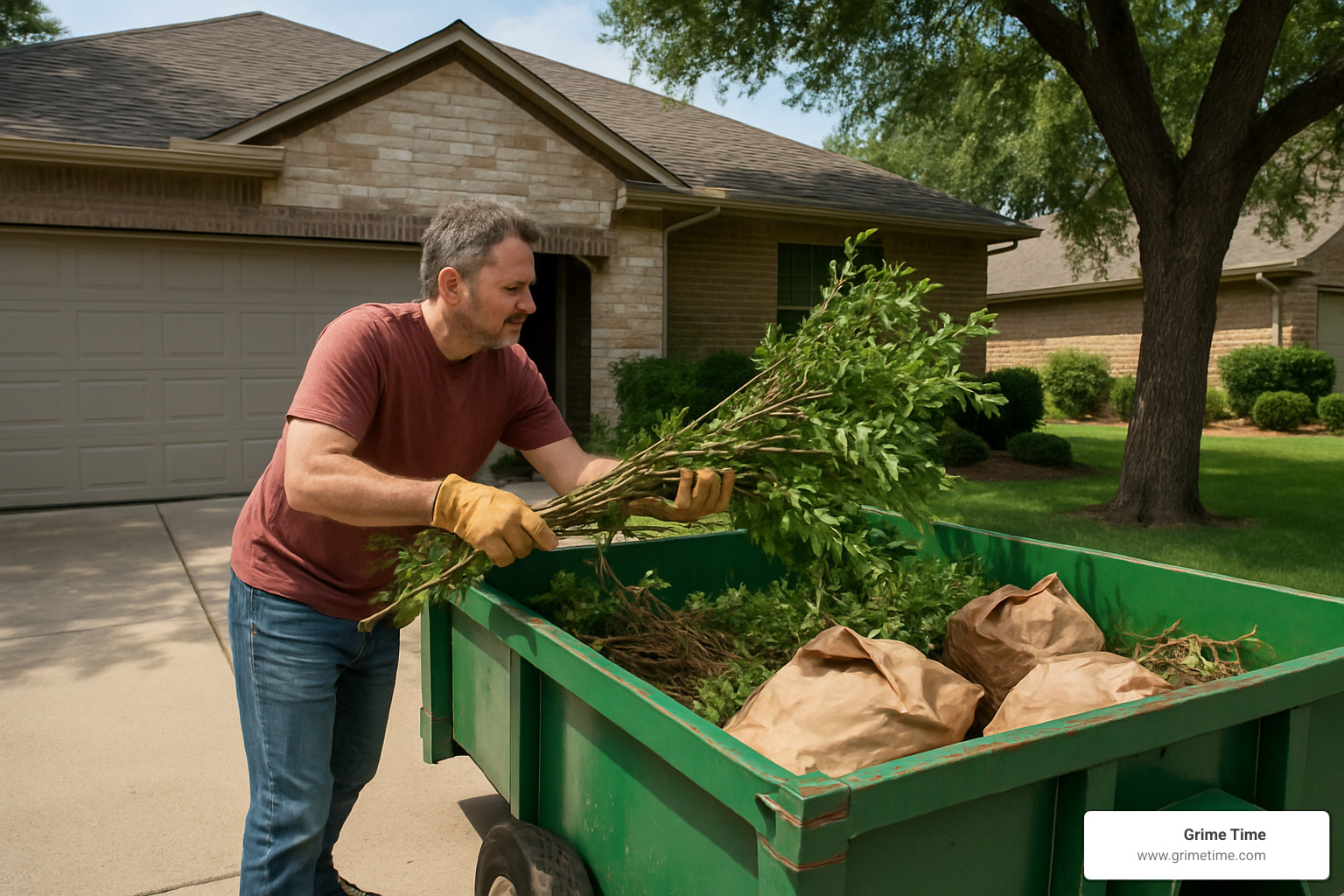 Homeowner loading yard waste into a small dumpster - small dumpster rental round rock tx