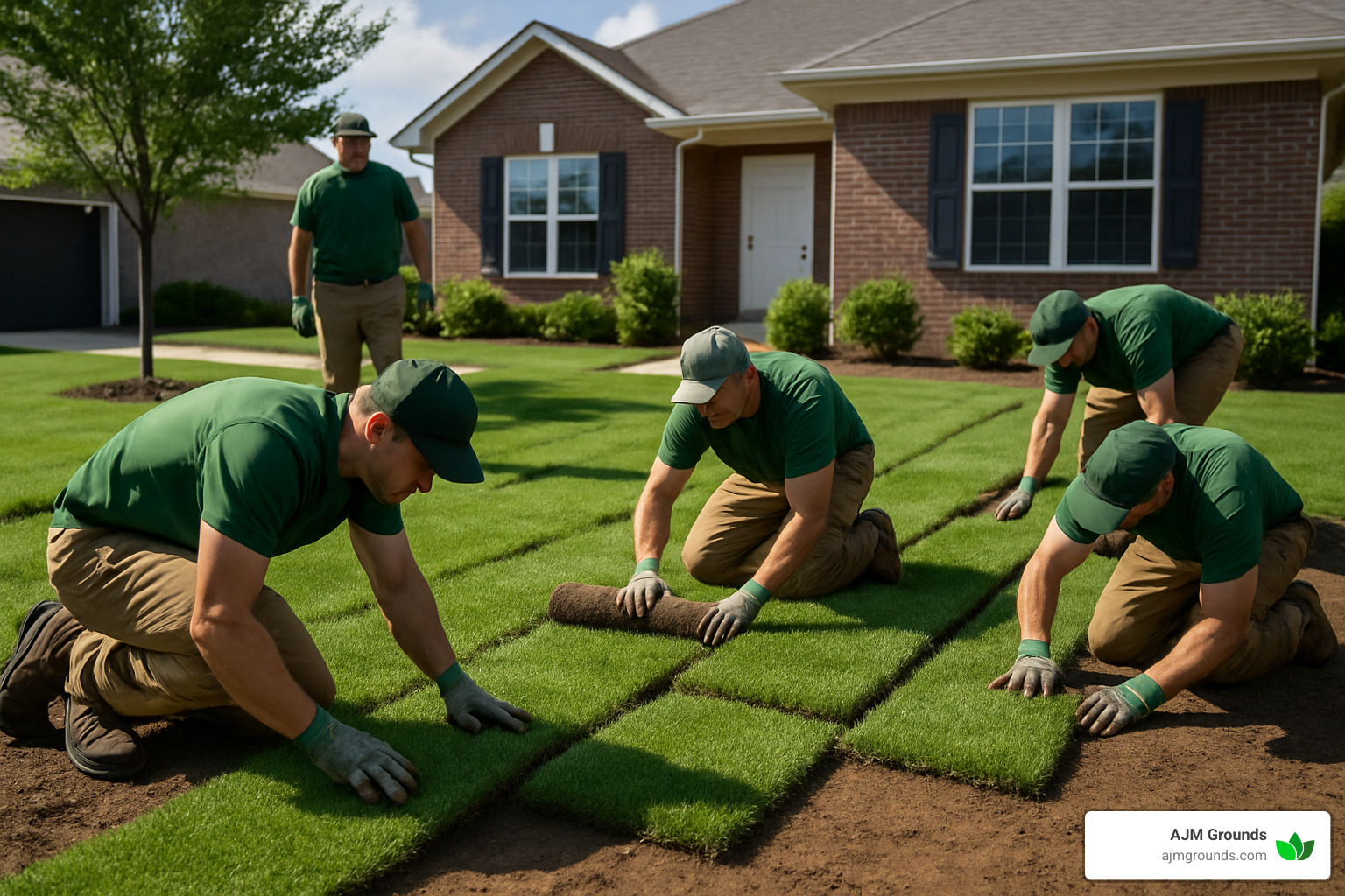 Professional crew laying sod with staggered seams for optimal results - professional sod installation
