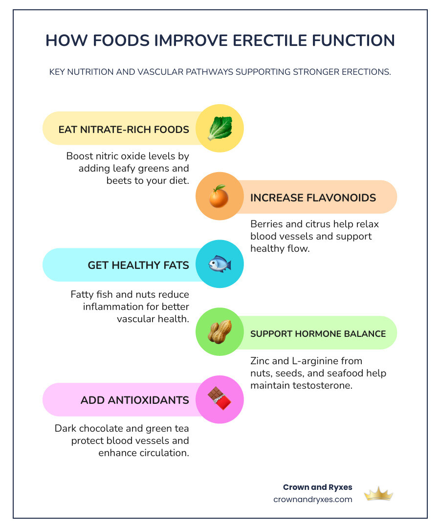 Nutrient pathways that improve erectile function showing how different foods affect blood flow, hormone balance, and nitric oxide production - foods that help with erectile dysfunction infographic infographic-line-5-steps-colors