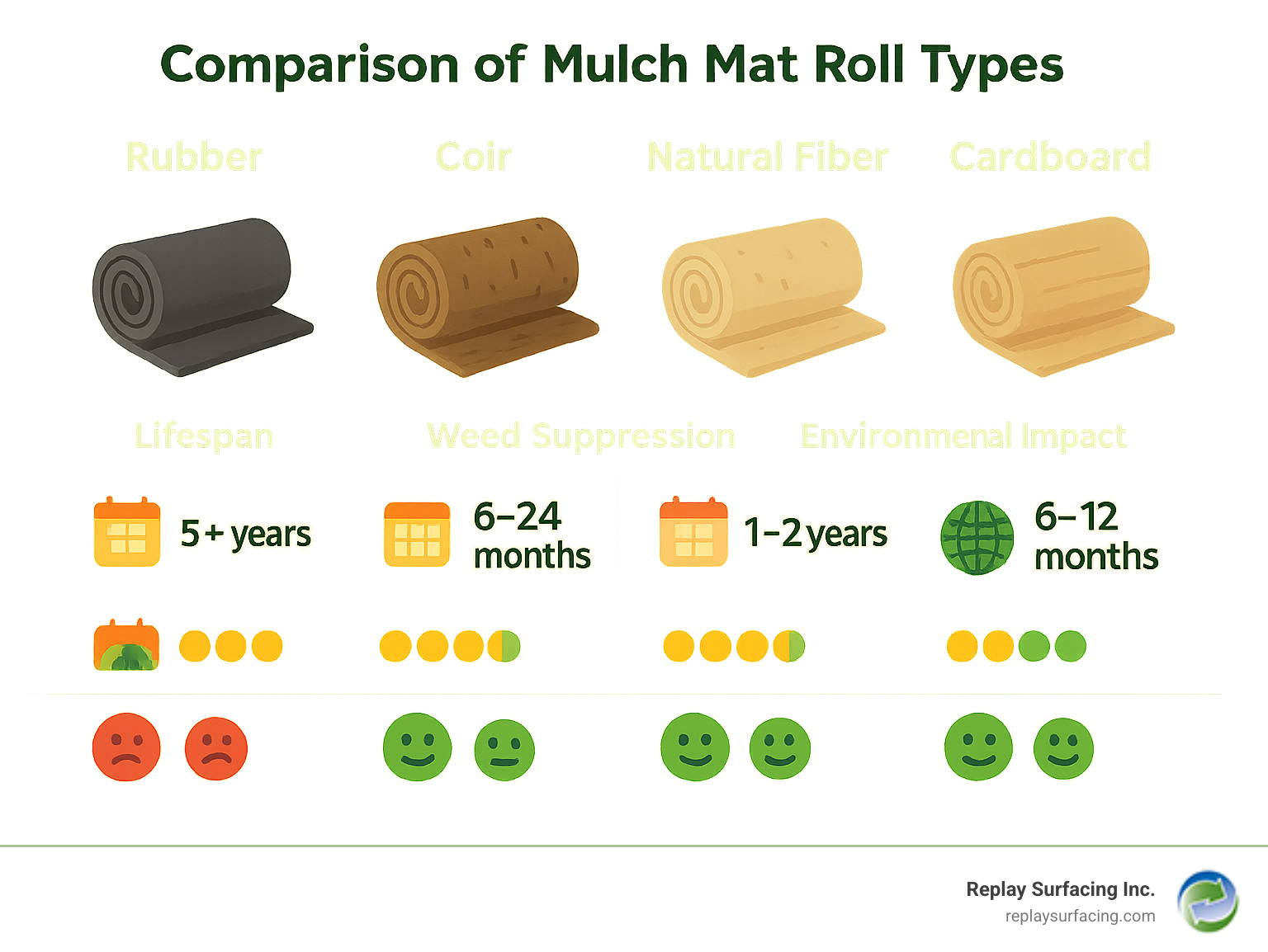 Comparison of mulch mat roll types showing rubber, coir, natural fiber and cardboard options with their respective lifespans, weed suppression ratings, and environmental impact scores - mulch mat roll infographic 
