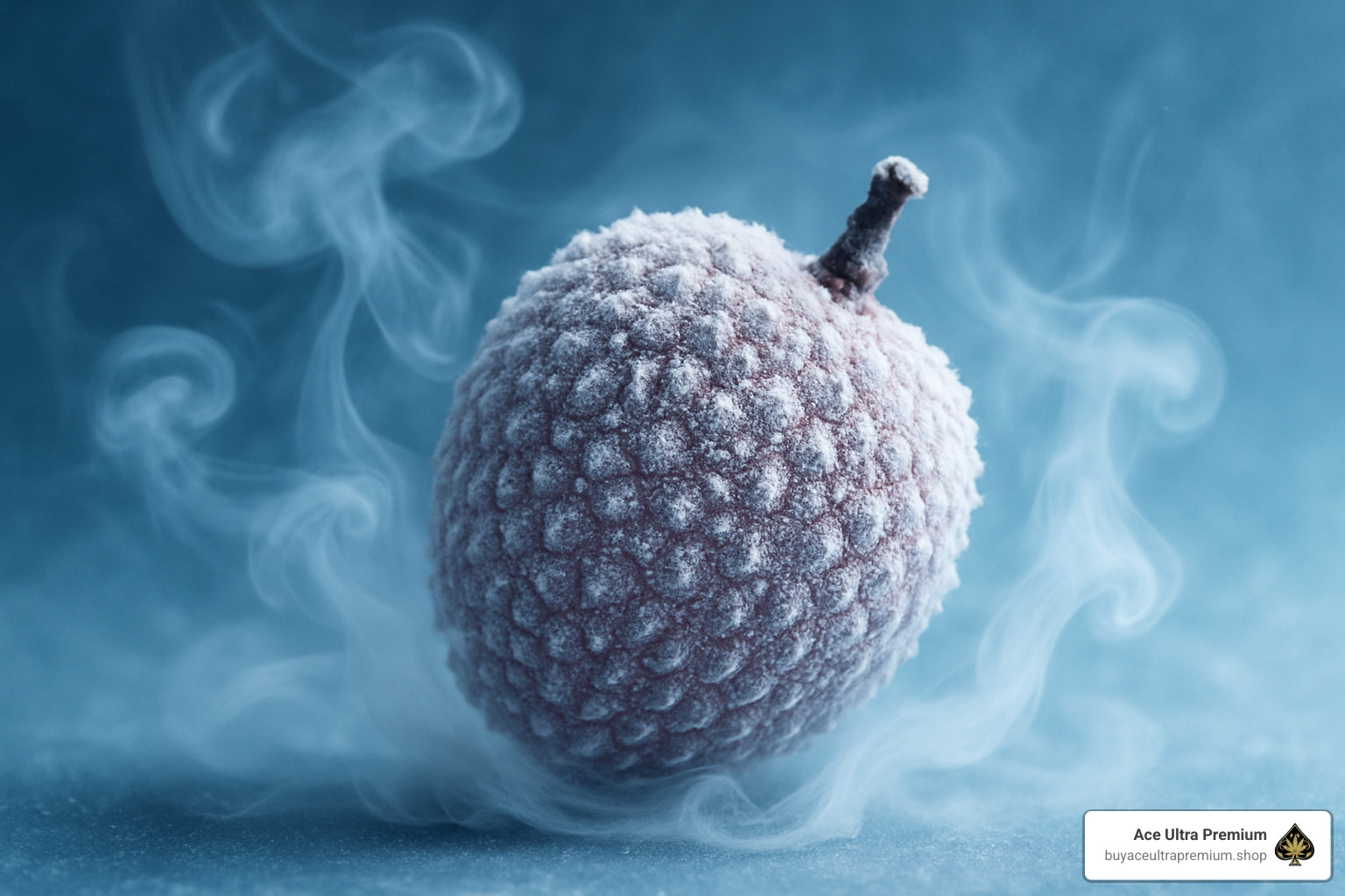 Frosty lychee fruit with vapor wisps and icy blue lighting - ace ultra premium flavors list