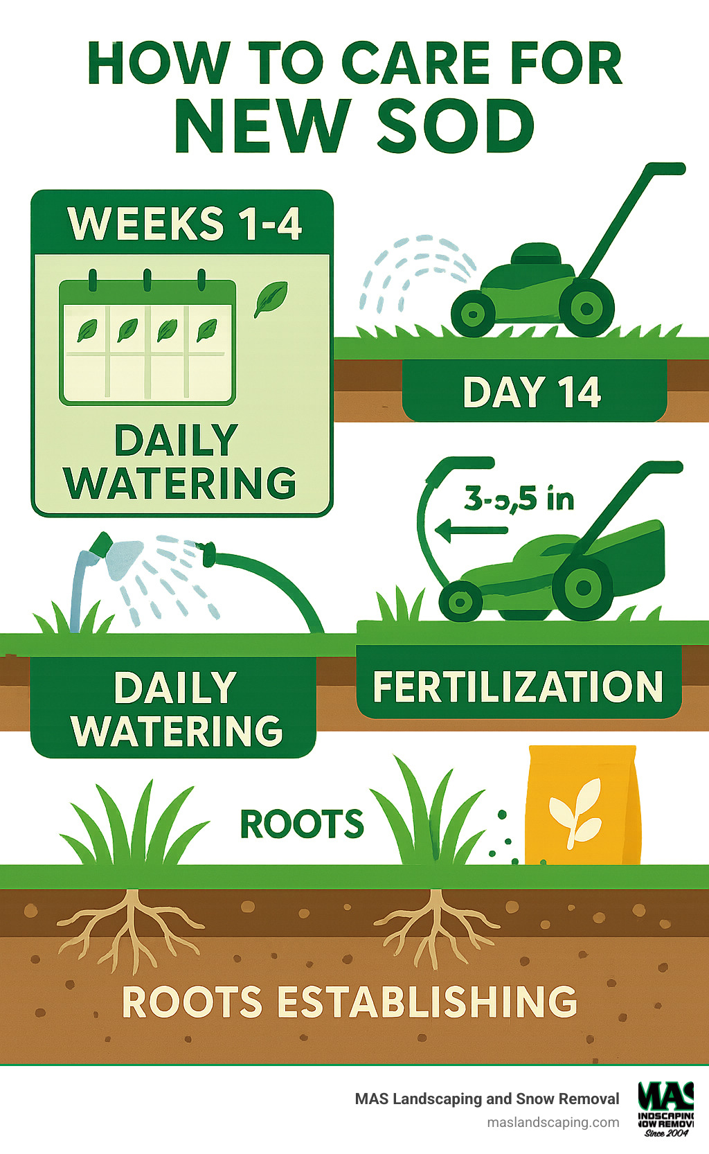 New sod care timeline showing daily watering schedule for weeks 1-4, first mowing at day 14, and fertilization at 4-6 weeks, with illustrations of proper watering depth, mowing height, and root establishment - how to care for new sod infographic 