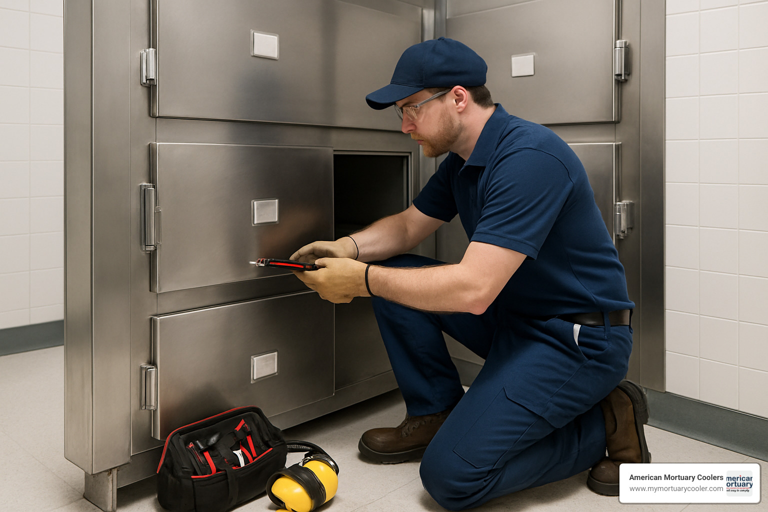 technician servicing morgue freezer unit - dead body morgue freezer
