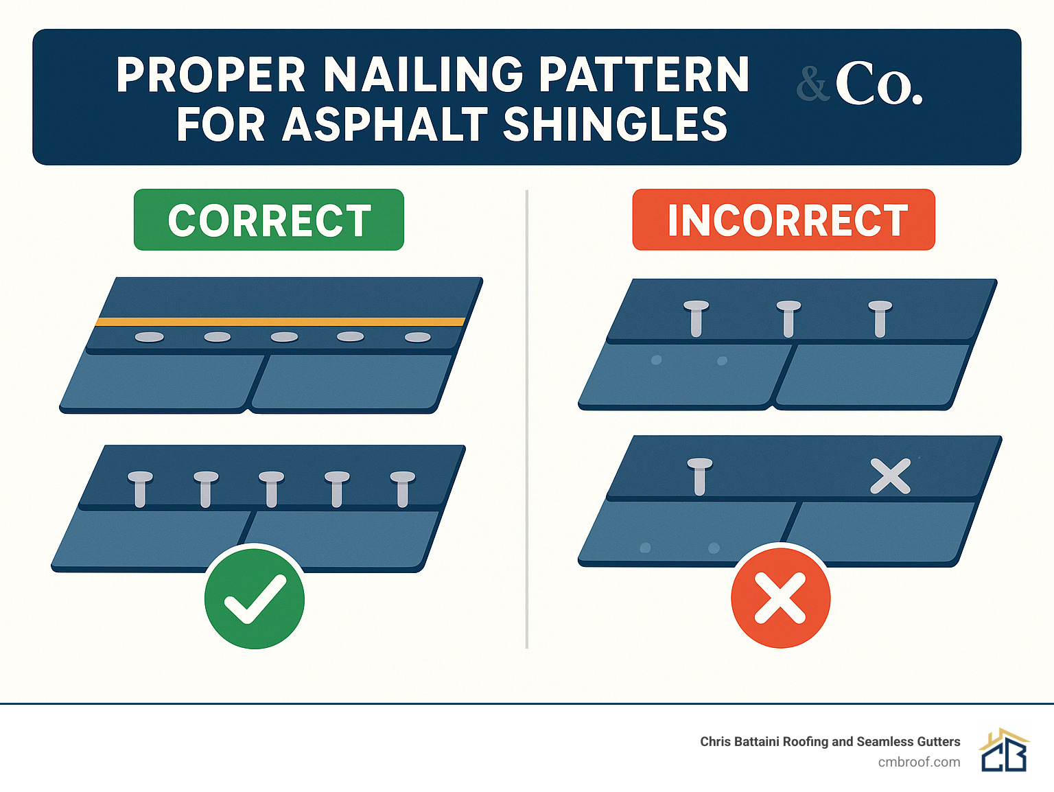 Infographic showing proper nailing pattern for asphalt shingles, with illustrations of correct and incorrect nail placement - asphalt shingle roof leak repair infographic 