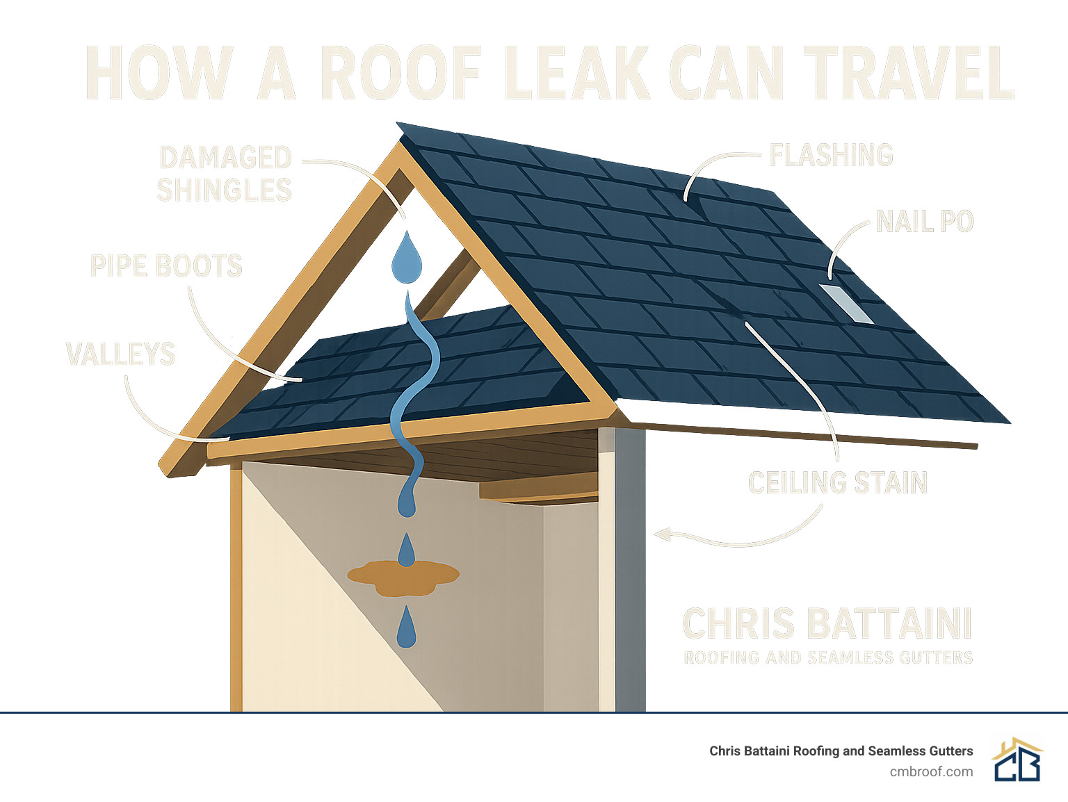 Infographic showing how water enters through damaged shingles, travels along roof deck and rafters, and appears as ceiling stains far from the original entry point, with labels for common leak areas including pipe boots, valleys, flashing, and nail pops - asphalt shingle roof leak repair infographic 