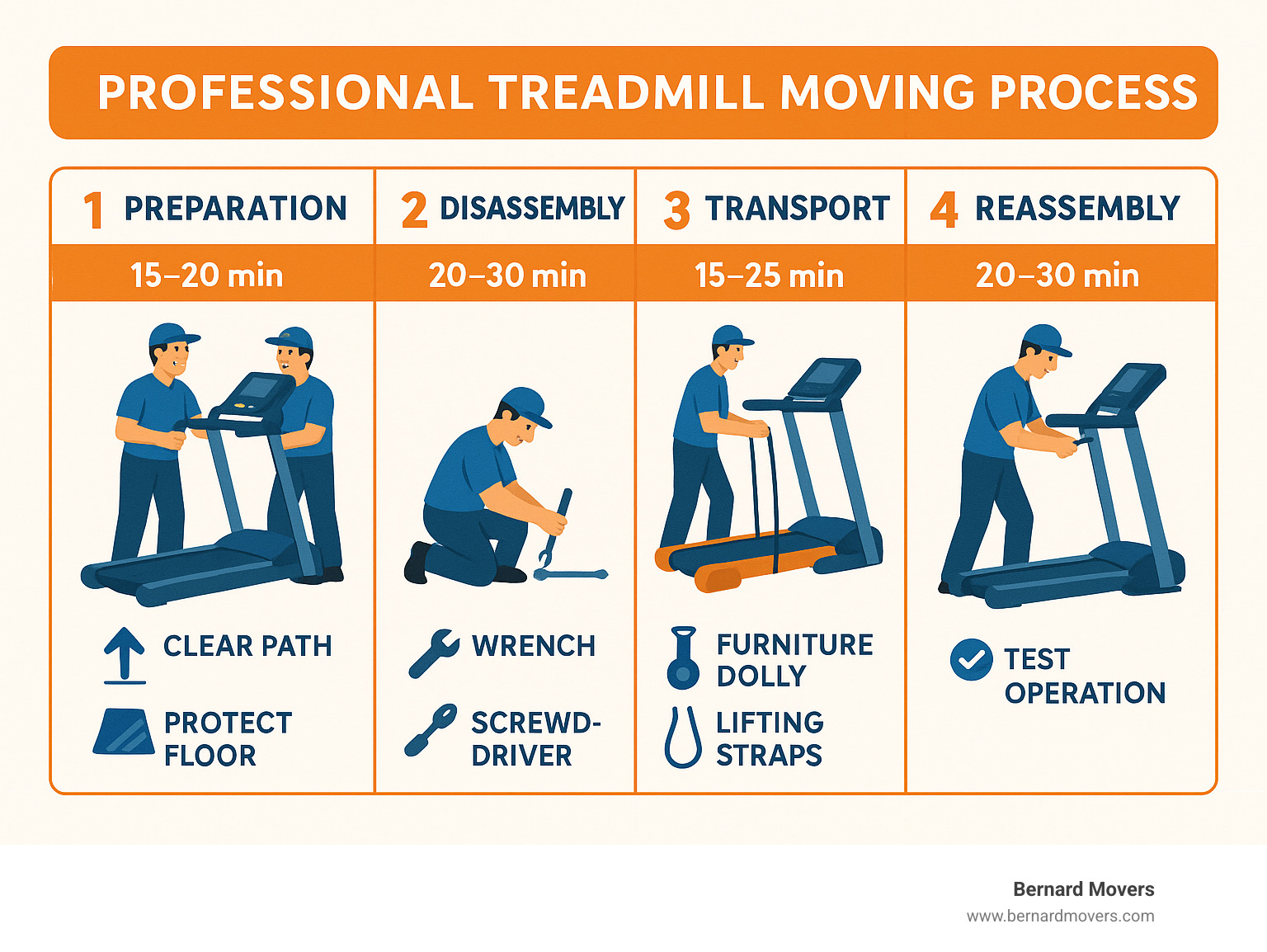 Detailed process of professional treadmill moving showing preparation, disassembly, transport methods, and reassembly steps with average timeframes and equipment needed - treadmill moving service near me infographic 