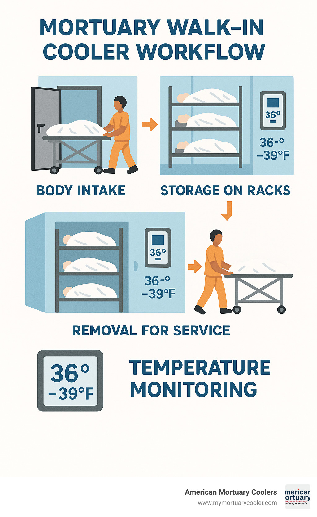 Mortuary walk-in cooler workflow showing body intake, storage on racks, and removal for service with temperature monitoring throughout the process - mortuary walk-in coolers infographic 