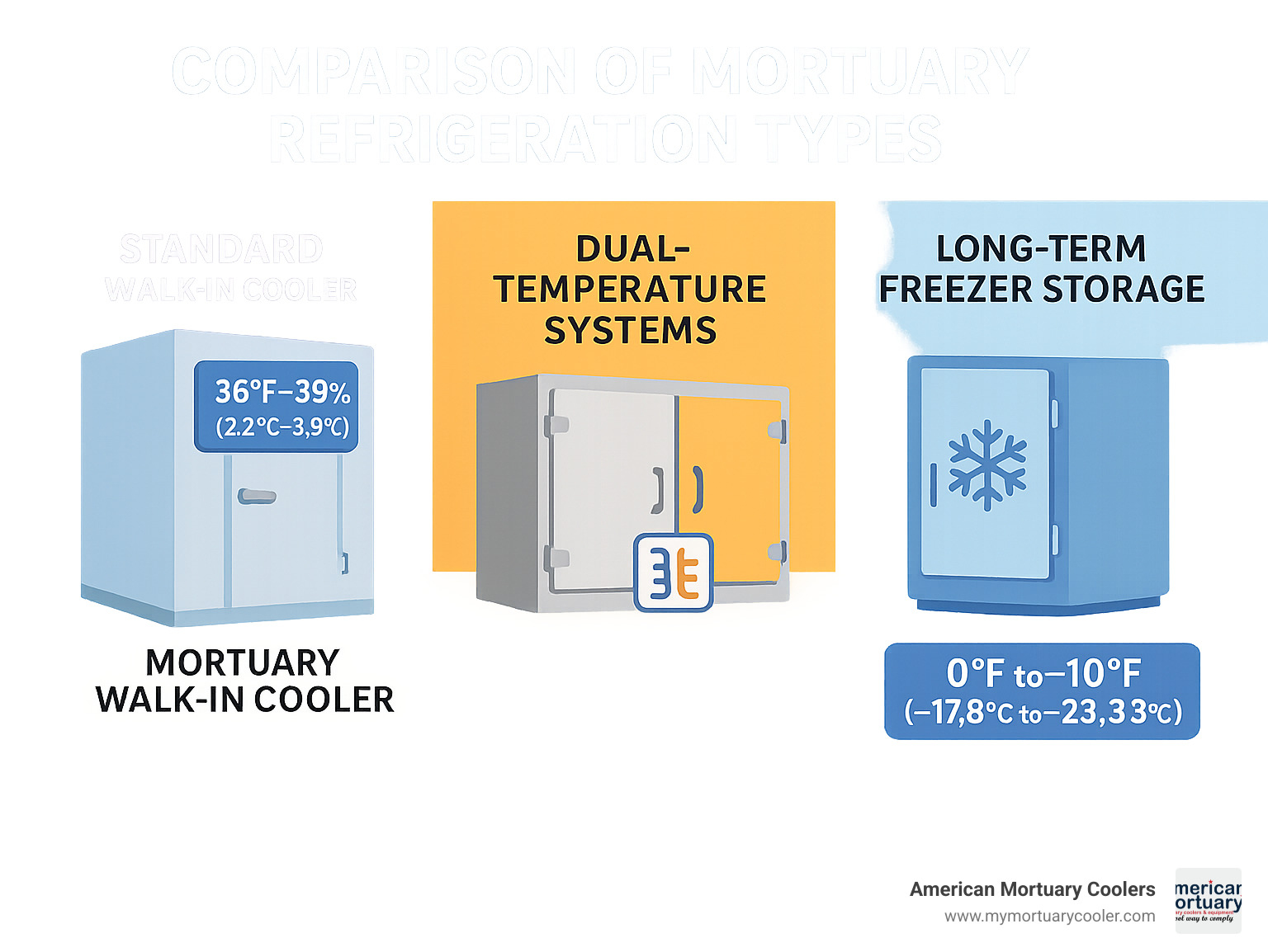 comparison of different mortuary refrigeration types - mortuary walk-in coolers infographic 