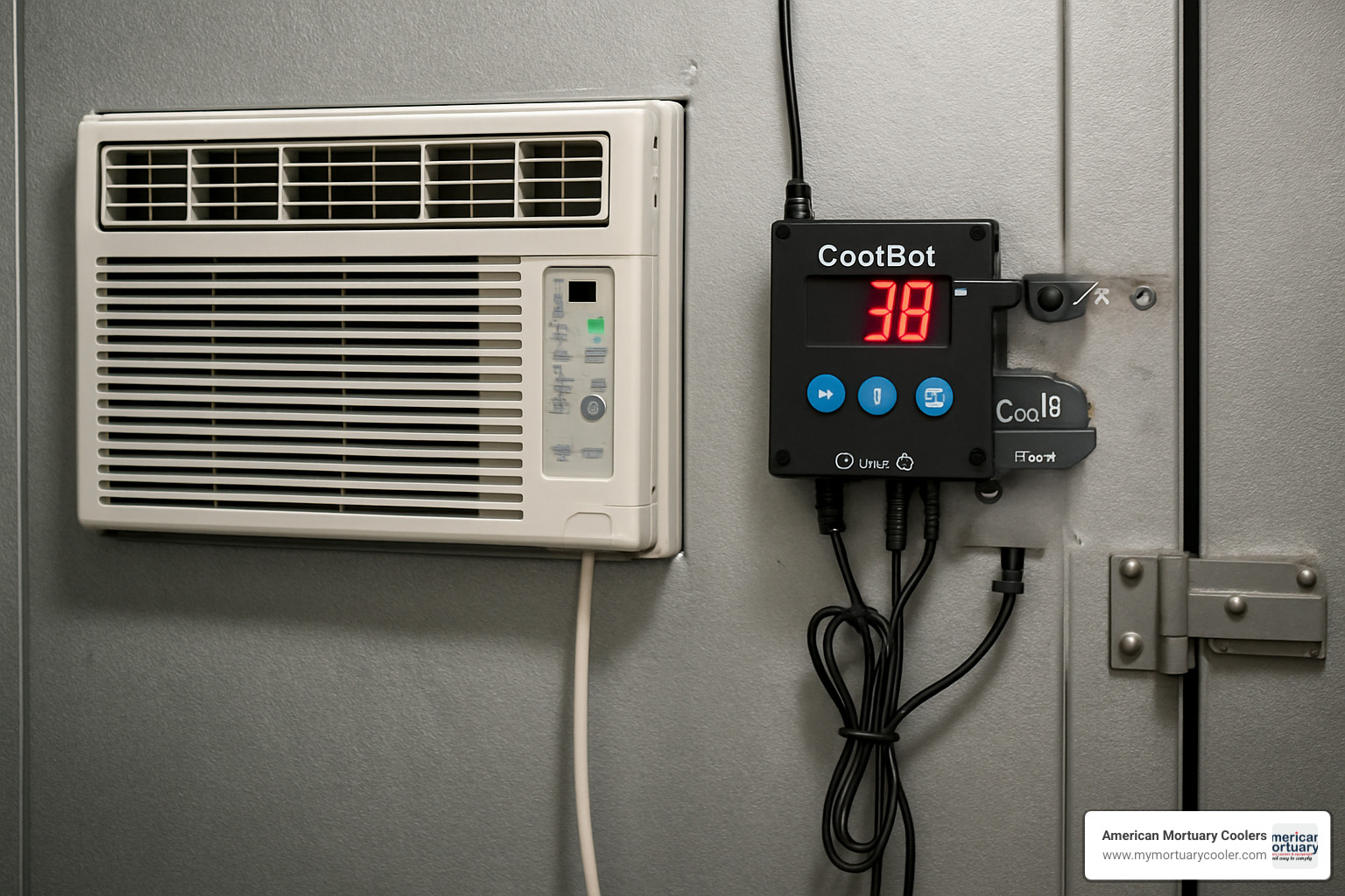 CoolBot controller connected to standard air conditioner in a walk-in cooler - Morgue Cooler