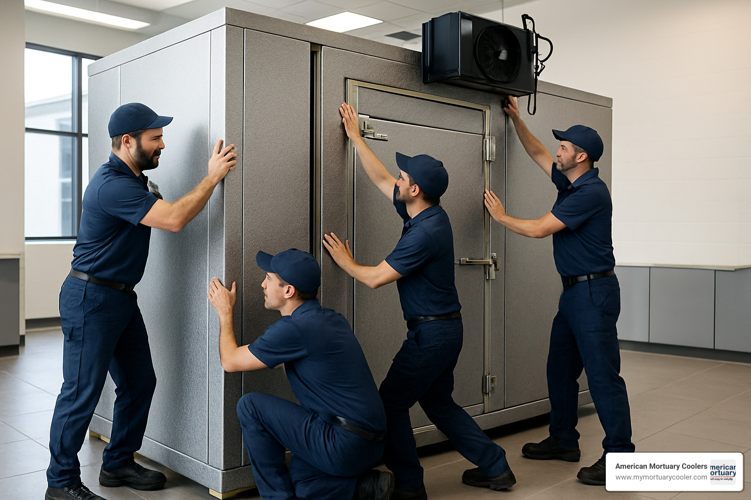 technicians assembling a mortuary walk-in cooler - mortuary walk-in coolers