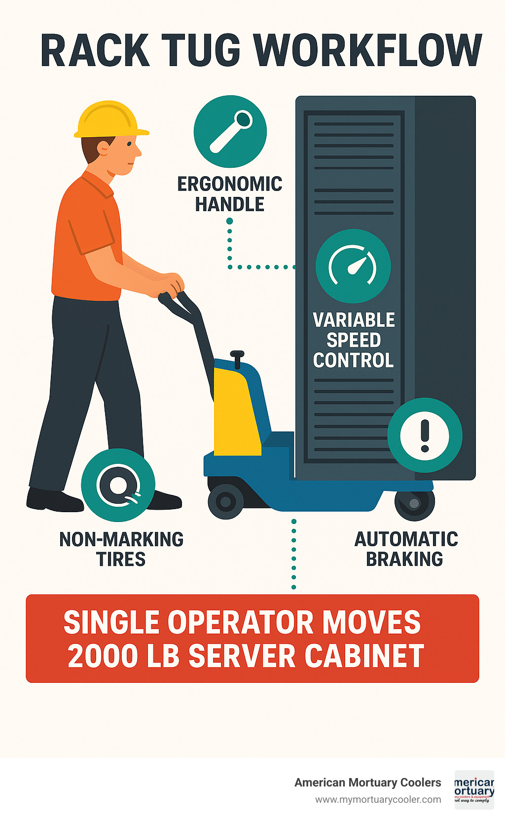 Rack tug workflow showing single operator moving 2000lb server cabinet with key safety features highlighted - tug for racks infographic 