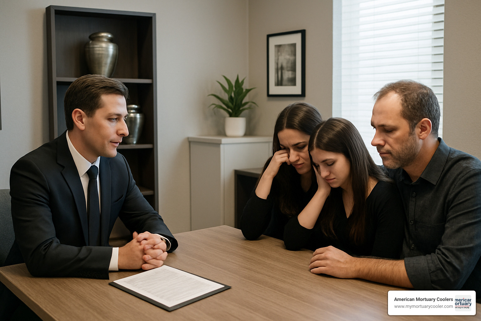funeral director meeting with family in consultation room - mortuary science and embalming