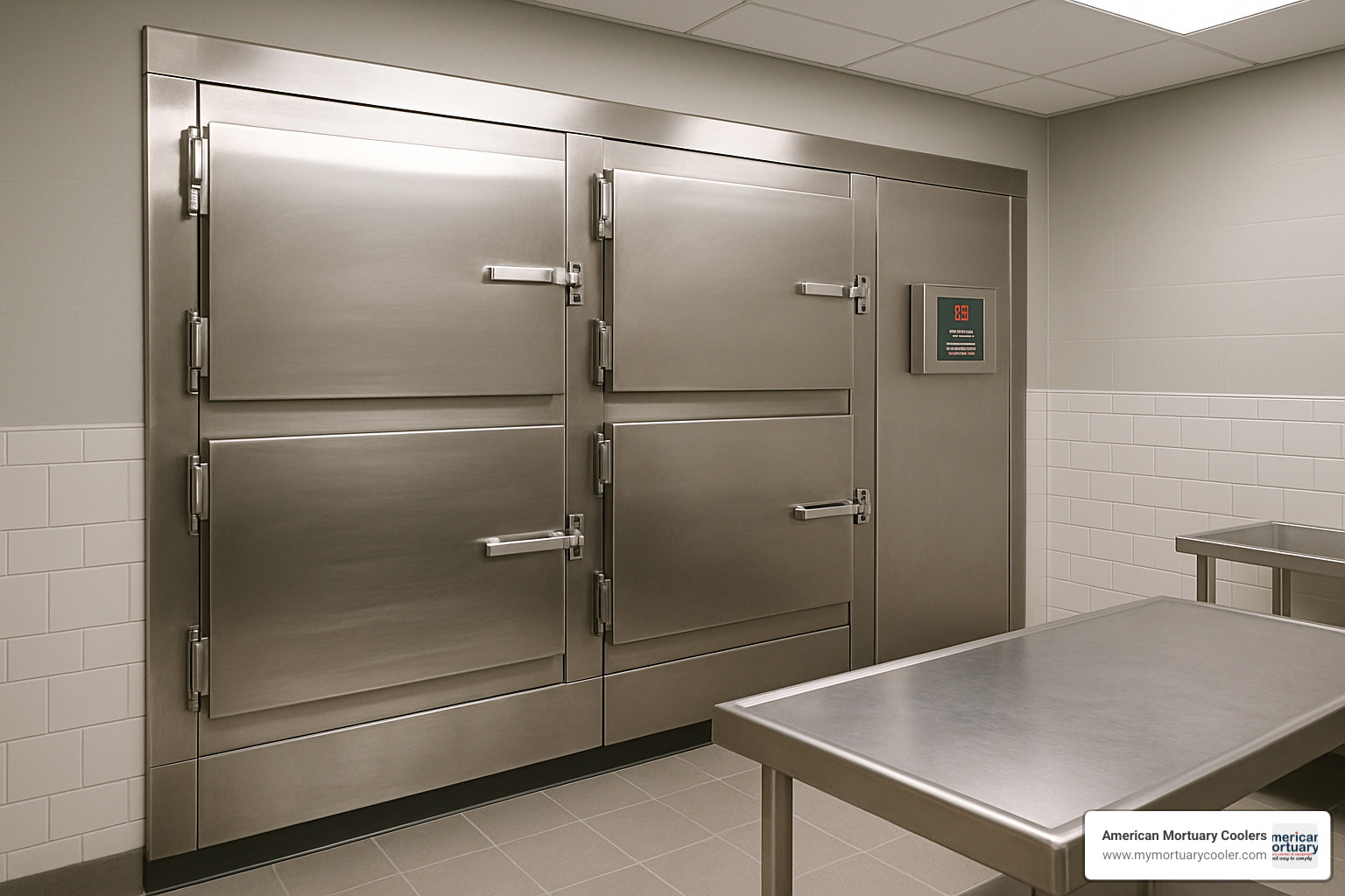 Modern mortuary cooler installation with digital temperature control panel - mortuary science and embalming