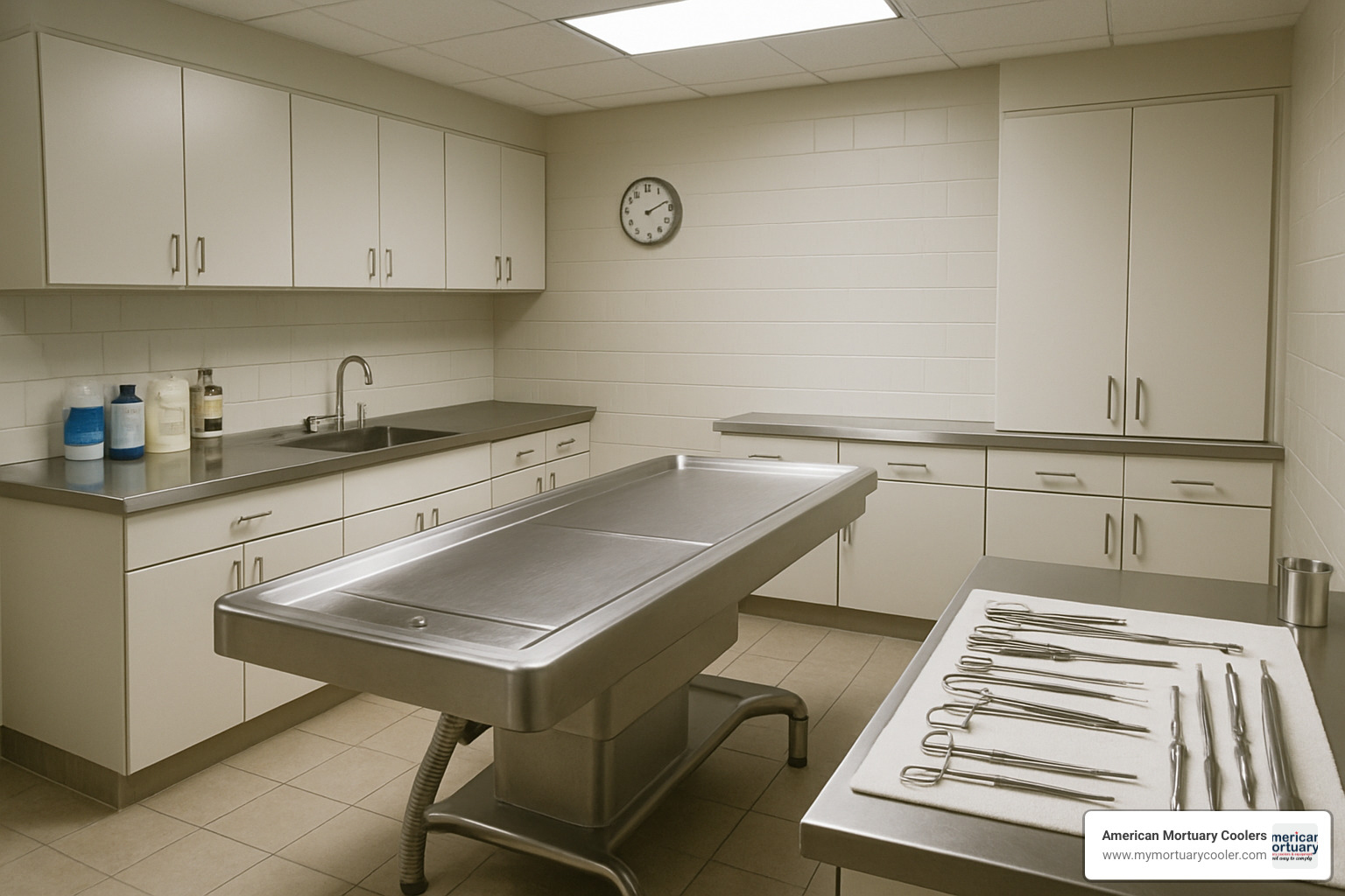 embalming room setup with preparation table and instruments - mortuary science and embalming