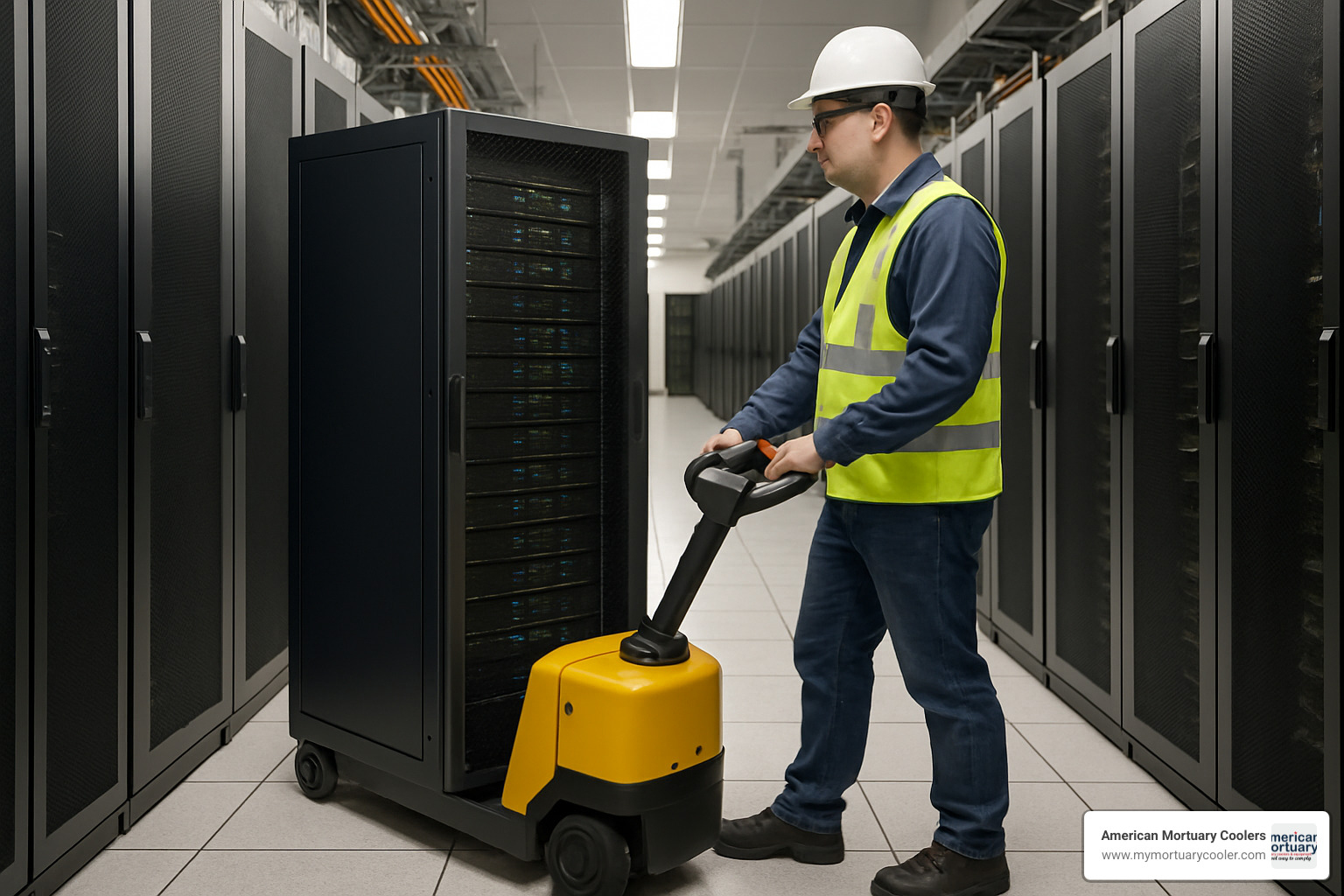 Technician using tug to steer rack through narrow data center aisle - tug for racks