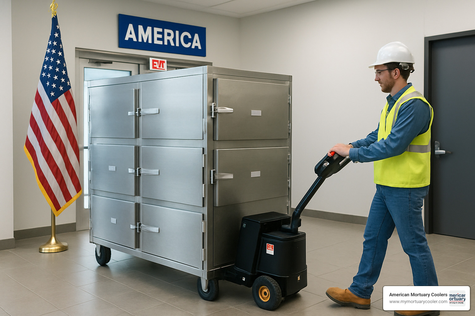 Technician using rack tug to move mortuary cooler unit - tug for racks