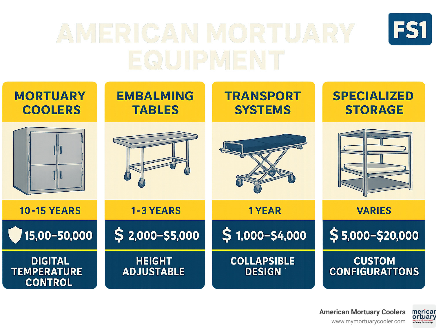 Comparison of American Mortuary Equipment types showing mortuary coolers, embalming tables, transport systems, and specialized storage solutions with their typical warranty periods, price ranges, and key features - American Mortuary Equipment infographic 