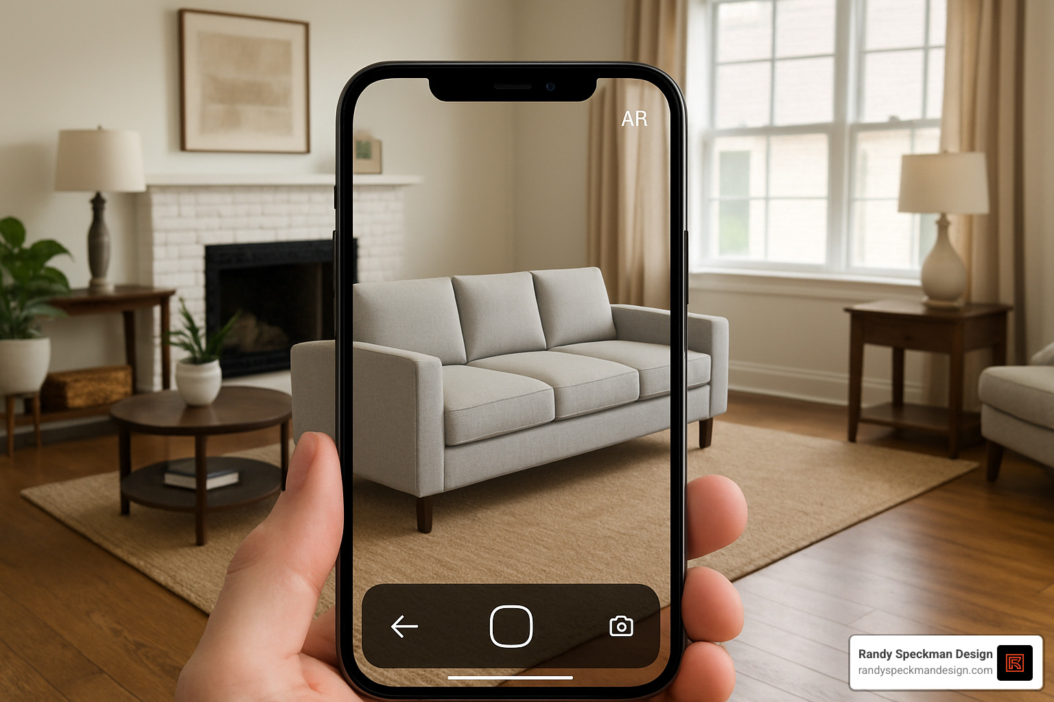 AR product preview showing furniture placement in a living room - ecommerce website development technologies