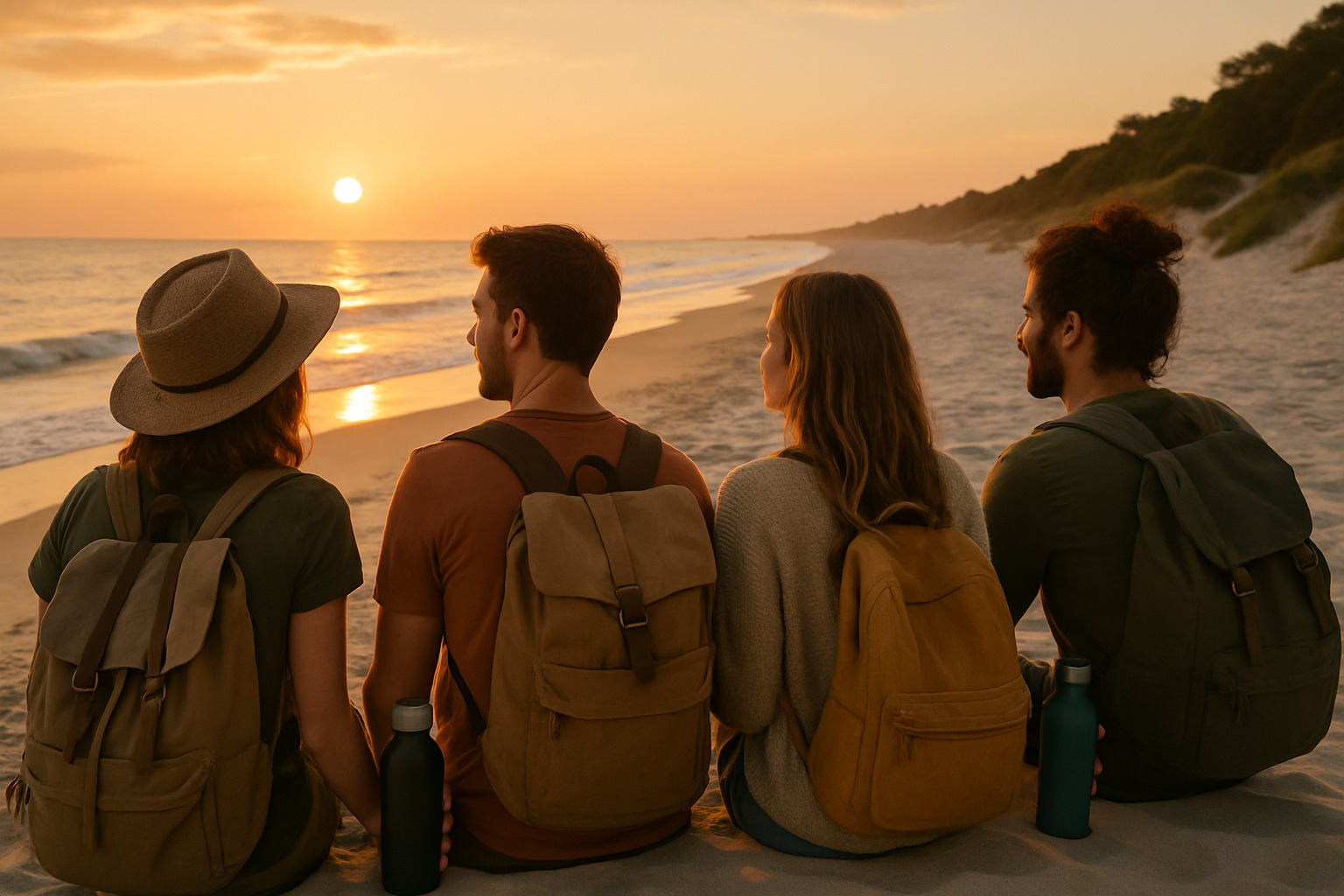 travelers at sunset on a pristine beach with reusable water bottles - Eco-friendly travel packages
