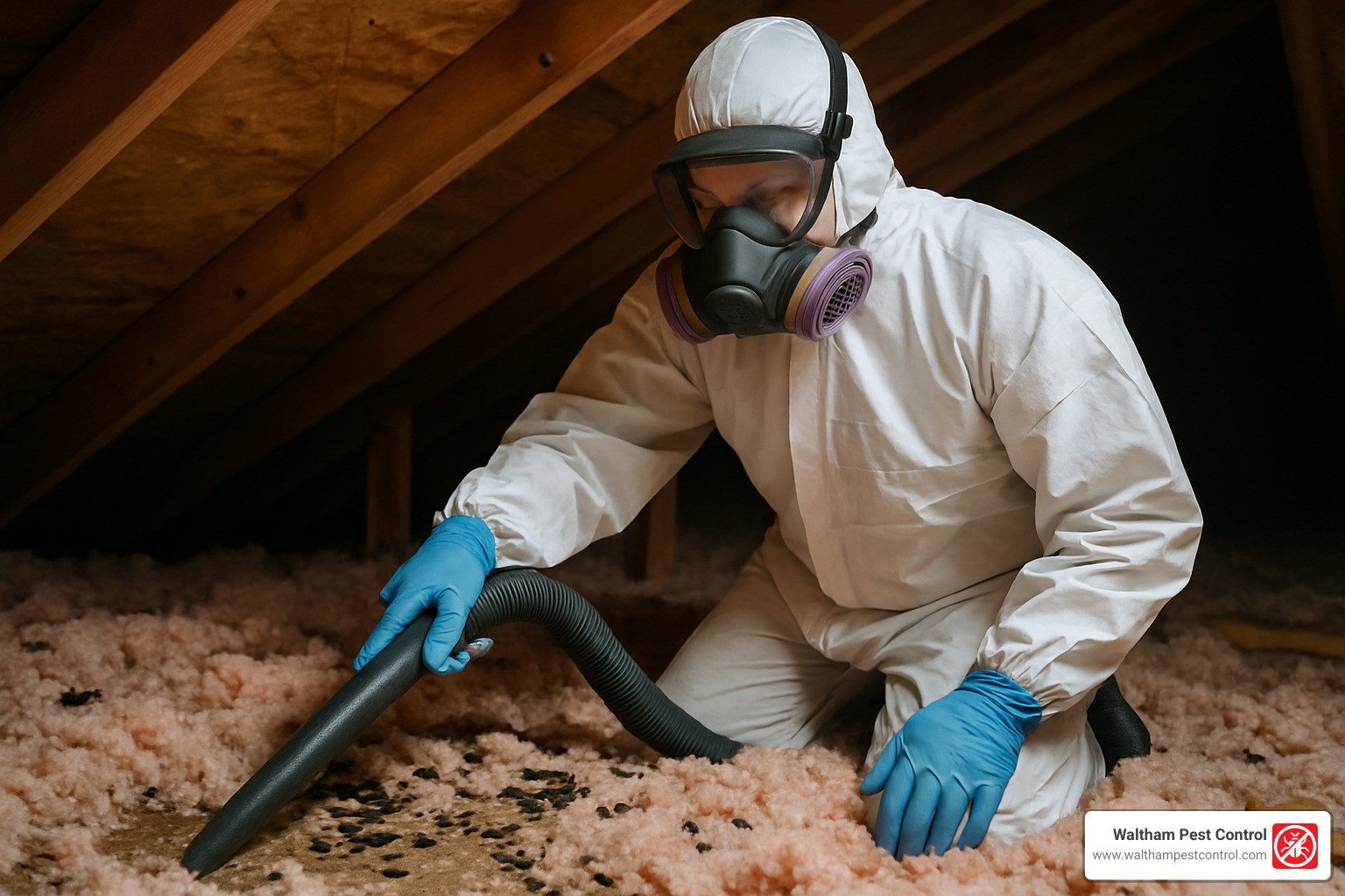 technician in PPE performing attic cleanup after raccoon removal - raccoon trapping services