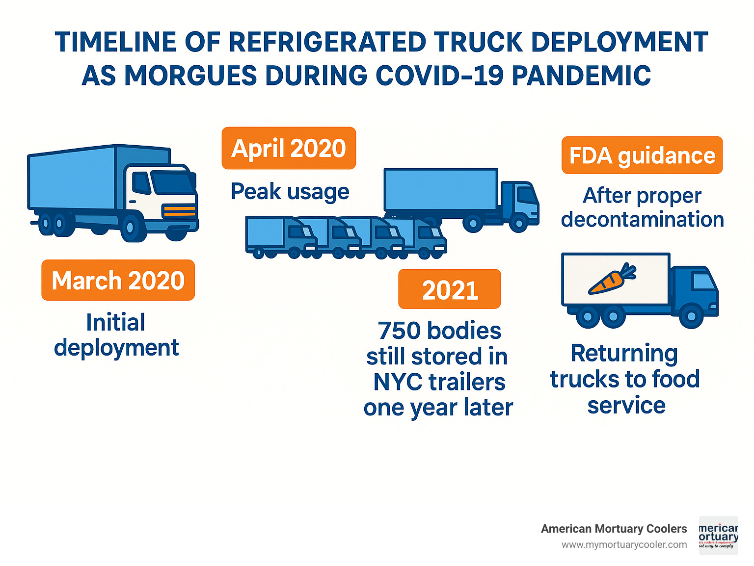 Timeline of refrigerated truck deployment as morgues during COVID-19 pandemic showing initial deployment in March 2020, peak usage in April 2020 with over 80 units in NYC alone, continued use through 2021 with 750 bodies still stored in NYC trailers one year later, and FDA guidance for returning trucks to food service after proper decontamination - refrigerated trucks used as morgues infographic 