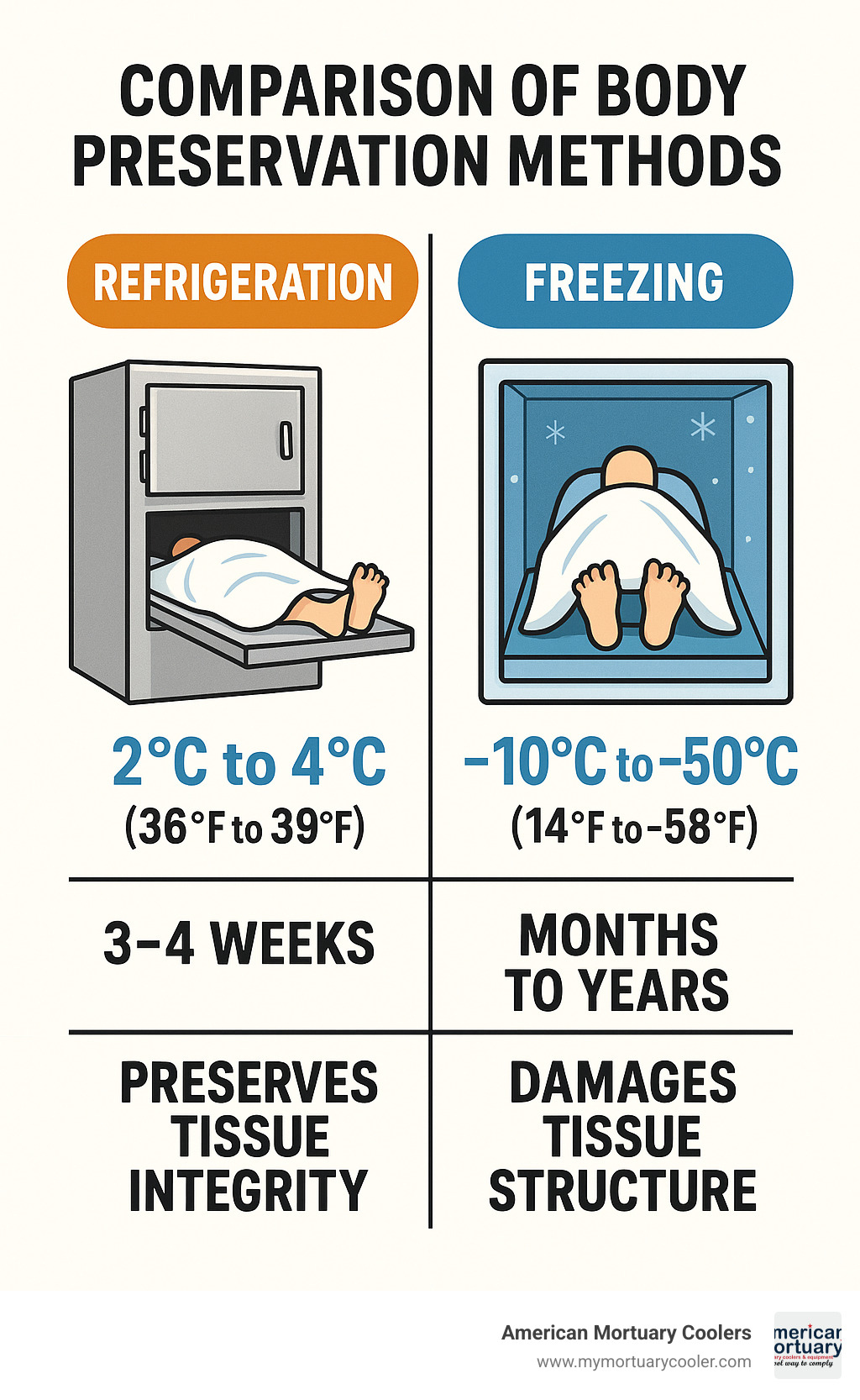 Comparison of body preservation methods showing refrigeration vs freezing with temperature ranges, duration limits, and effects on tissue - do morgues freeze bodies infographic 