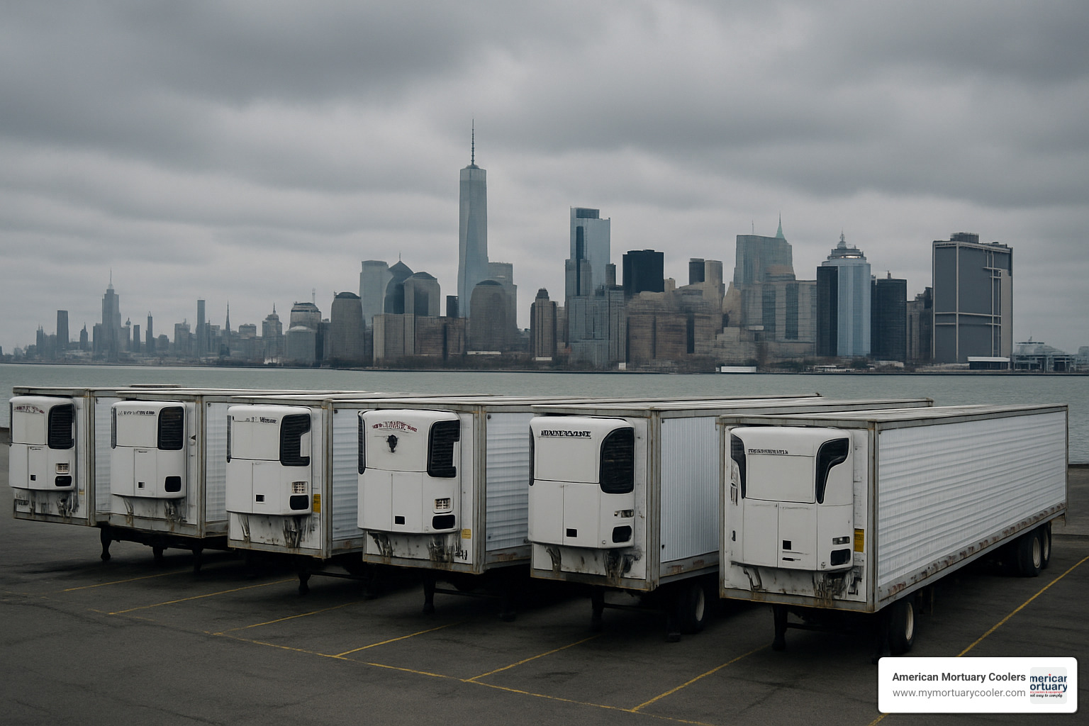 refrigerated trucks parked at Brooklyn pier - refrigerated trucks used as morgues