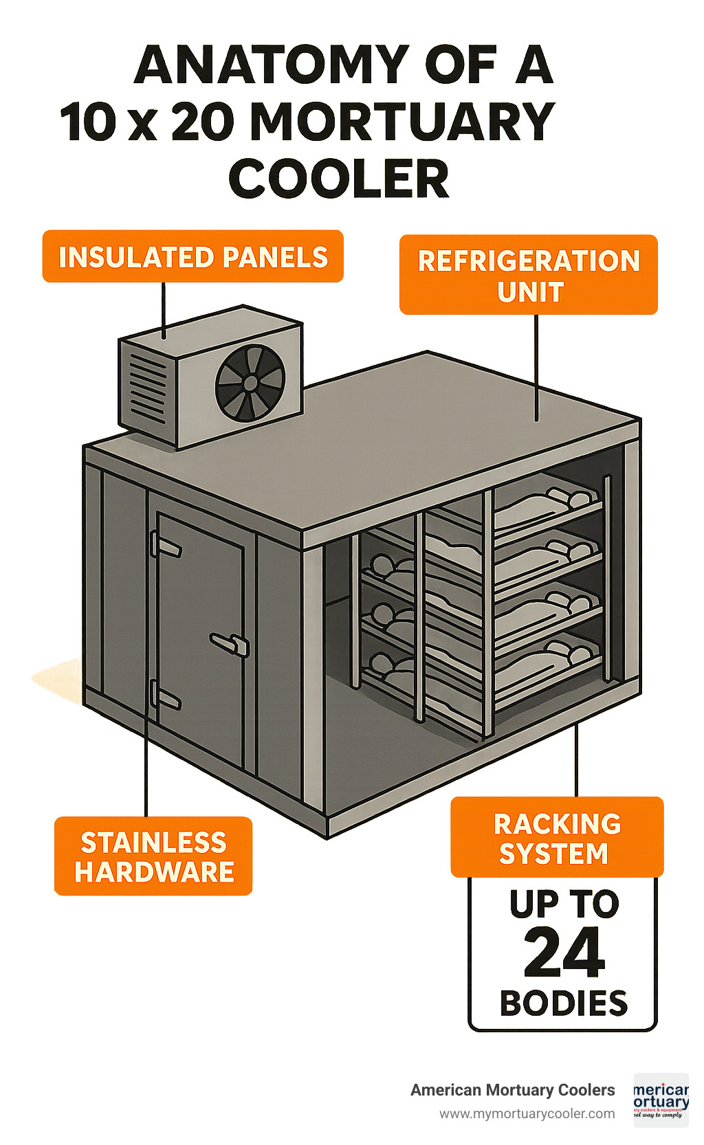 Anatomy of a 10 x 20 Mortuary Cooler showing key components including insulated panels, refrigeration unit, stainless hardware, and racking system capacity - 10 x 20 Mortuary Cooler infographic 