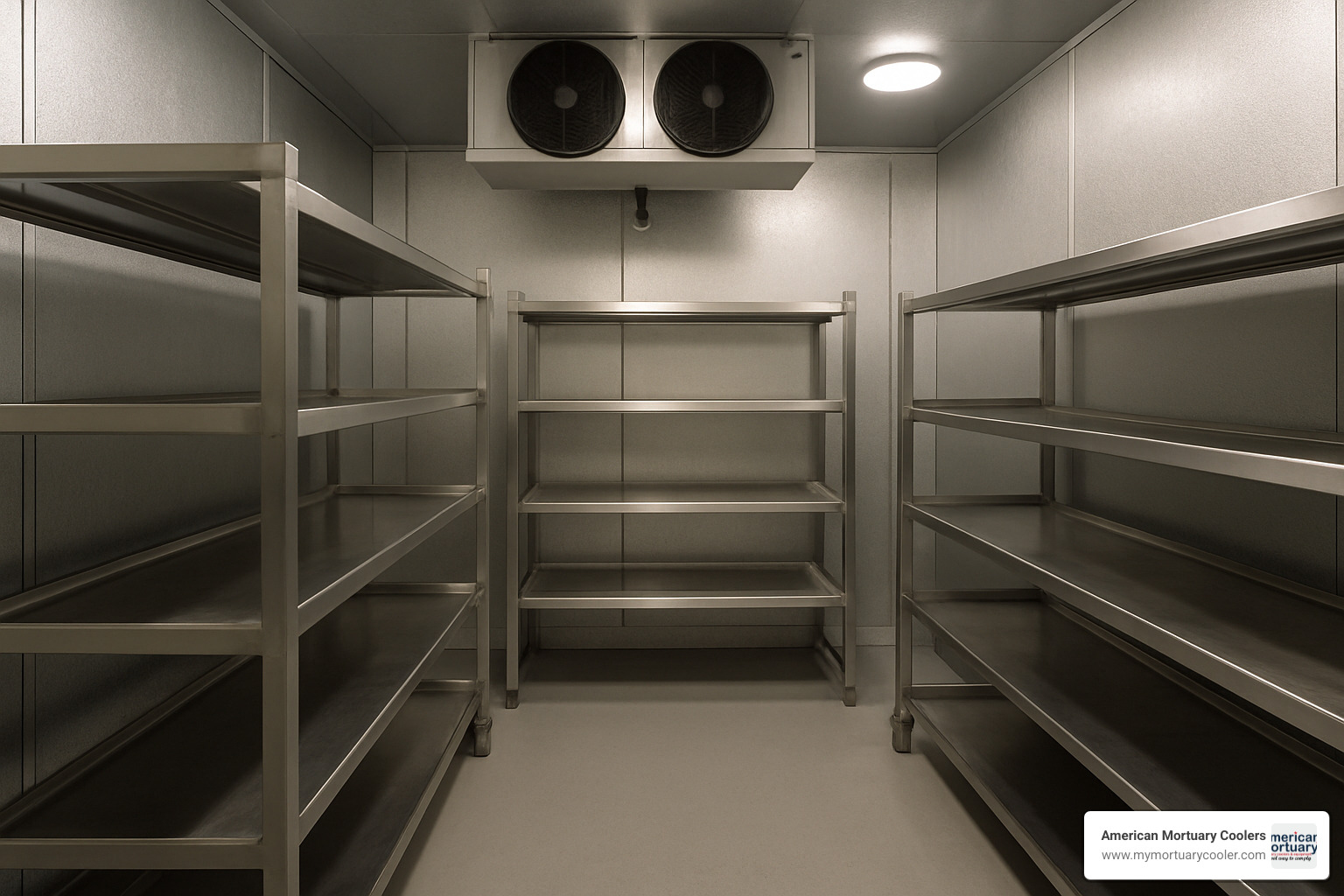 walk in mortuary cooler interior with racks - 10 x 20 Mortuary Cooler