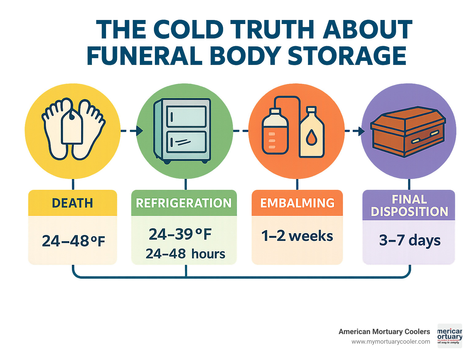 Detailed timeline showing the journey of body storage from death to final disposition, including temperature requirements, average timeframes, and preservation methods at each stage - funeral body storage infographic 