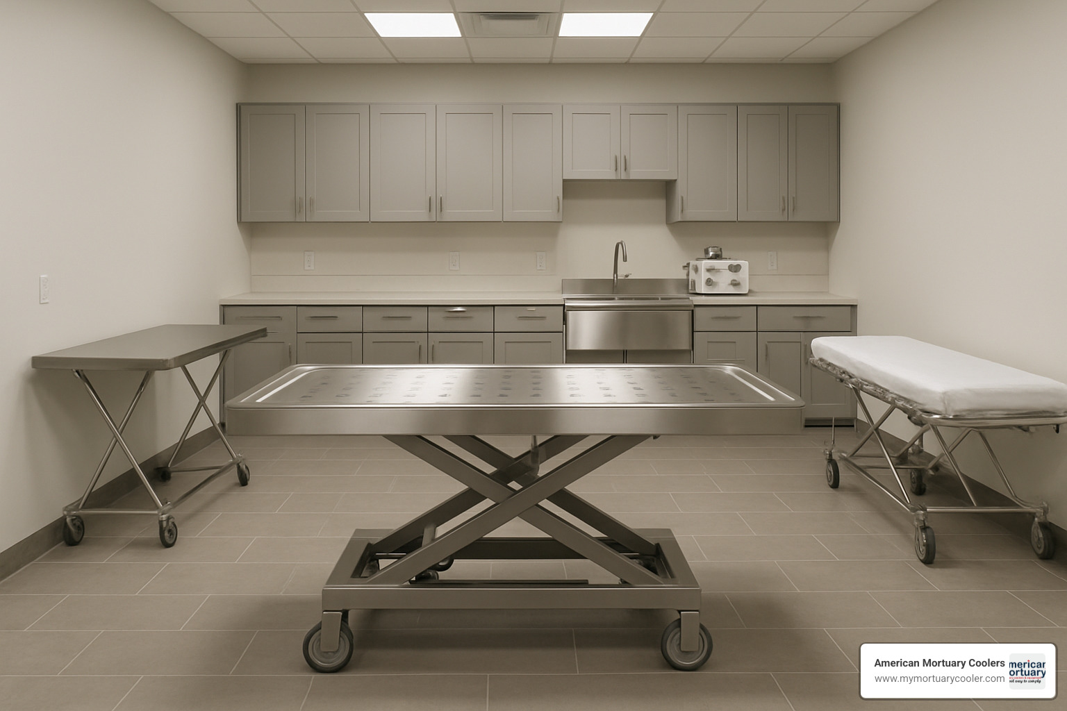 modern prep room with hydraulic embalming table and complementary equipment - Hydraulic Embalming Table 