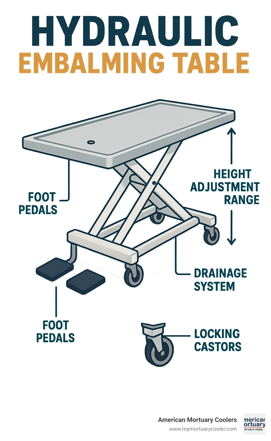 Diagram showing hydraulic embalming table components including foot pedals, height adjustment range, drainage system, and locking castors - Hydraulic Embalming Table  infographic 