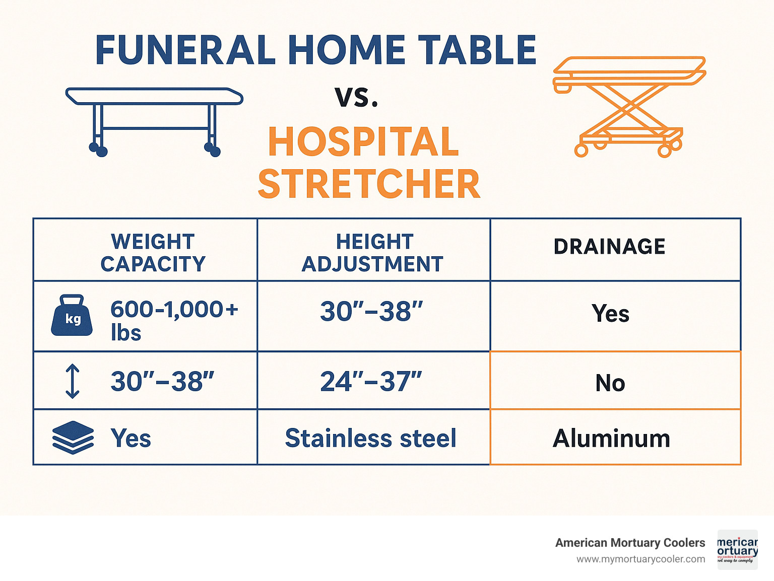 Comparison chart showing funeral home table vs. hospital stretcher specifications including weight capacity, height adjustment, drainage, and materials - funeral home table infographic 