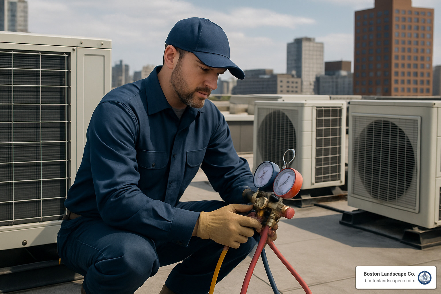 maintenance technician repairing commercial building HVAC system - building maintenance near me
