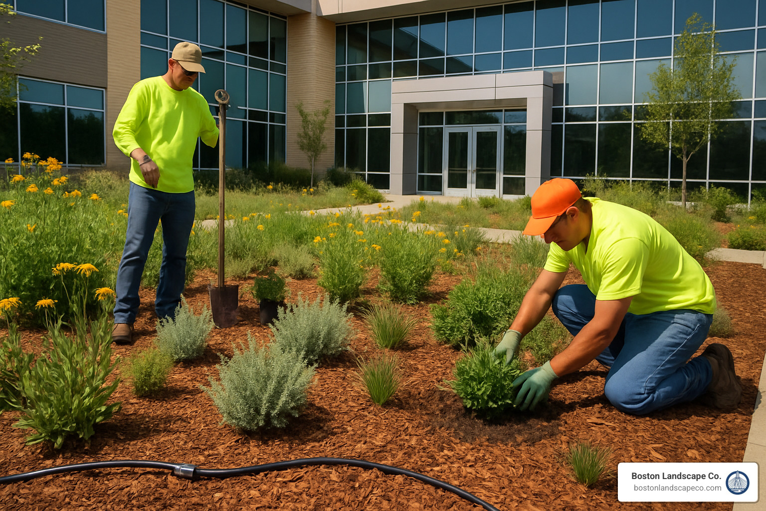 sustainable landscaping practices being implemented at commercial property - building maintenance near me